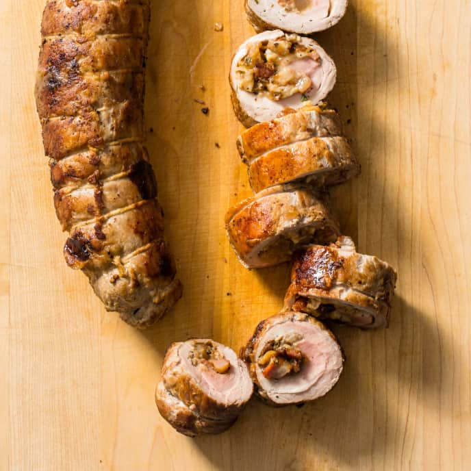 Pork Tenderloin Roulade with Pancetta, Pear, and Cheddar