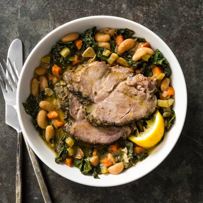 Slow-Cooker Herbed Pork with White Beans and Kale