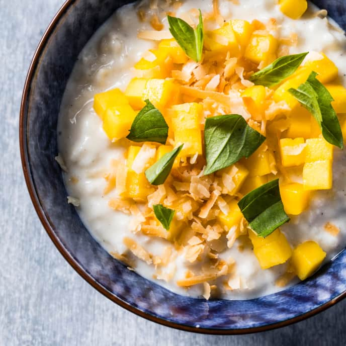 Sous Vide Coconut Rice Pudding with Mango and Basil