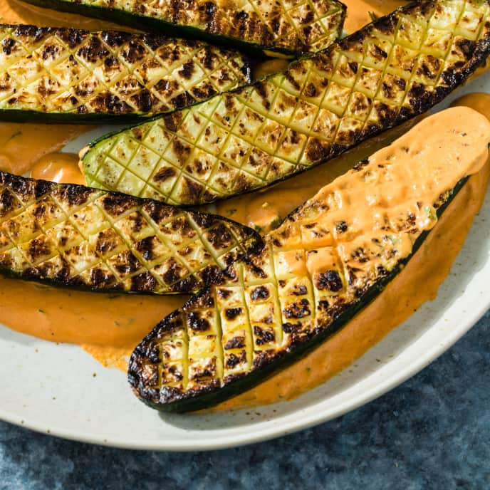 Grilled Zucchini with Red Pepper Sauce