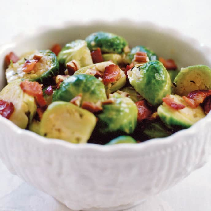 Braised Brussels Sprouts with Bacon and Pecans