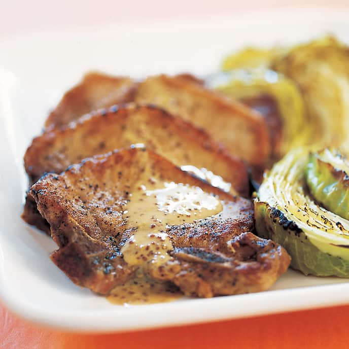 Mustard Pork Chops with Crispy Cabbage