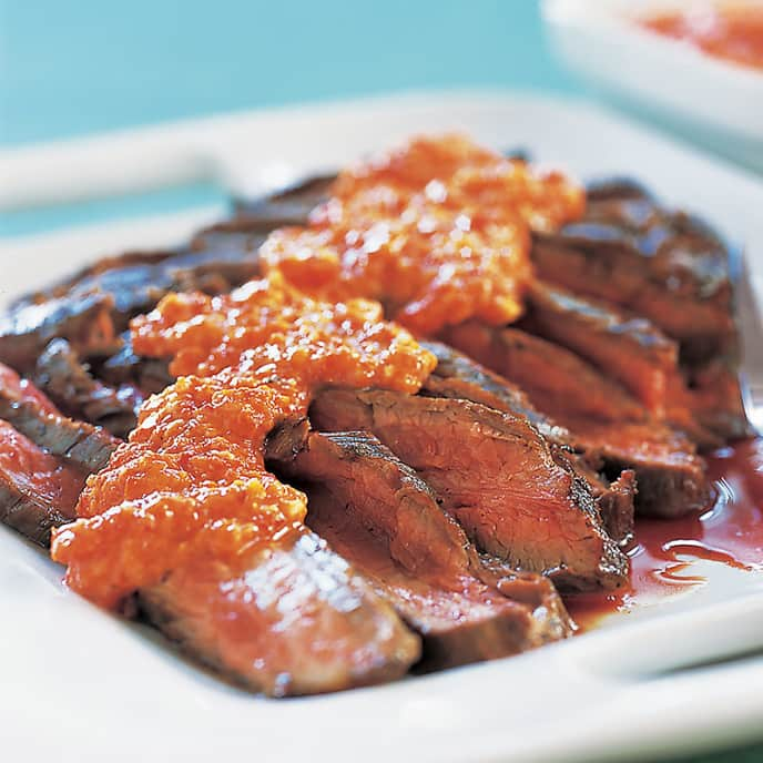 Skillet Flank Steak with Spicy Red Pepper Sauce