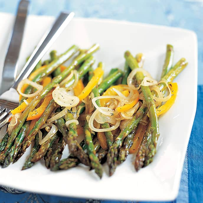 Roasted Asparagus with Peppers and Shallots