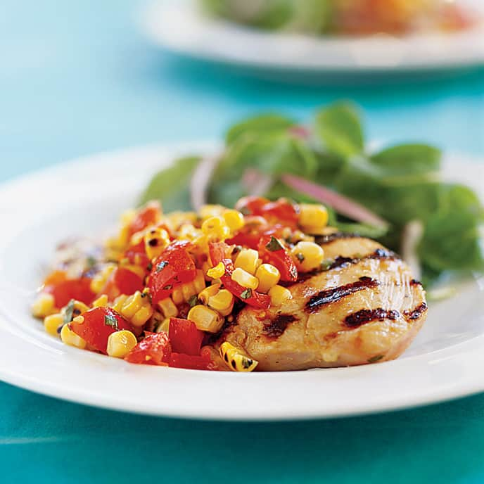 Grilled Chicken Breasts with Grilled Corn and Tomato Salad