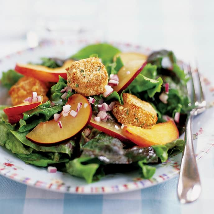 Stone Fruit Salad with Camembert Croutons over Mixed Greens