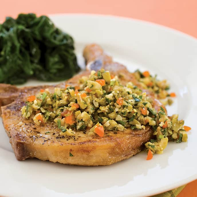 Pan-Seared Pork Chops with Parsley-Olive Salsa