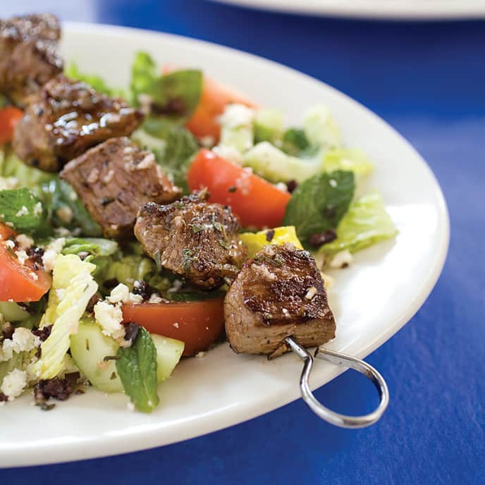 Grilled Beef Kebabs with Greek Salad