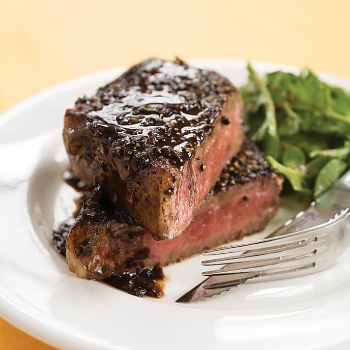 Pepper-Crusted Steak with Worcestershire-Butter Sauce