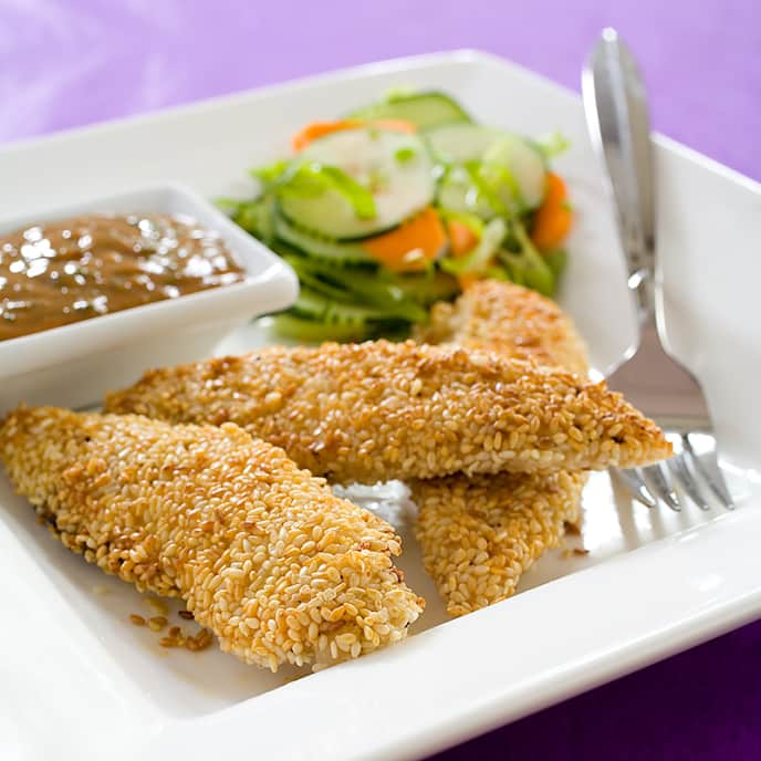 Sesame Chicken Fingers with Spicy Peanut Sauce