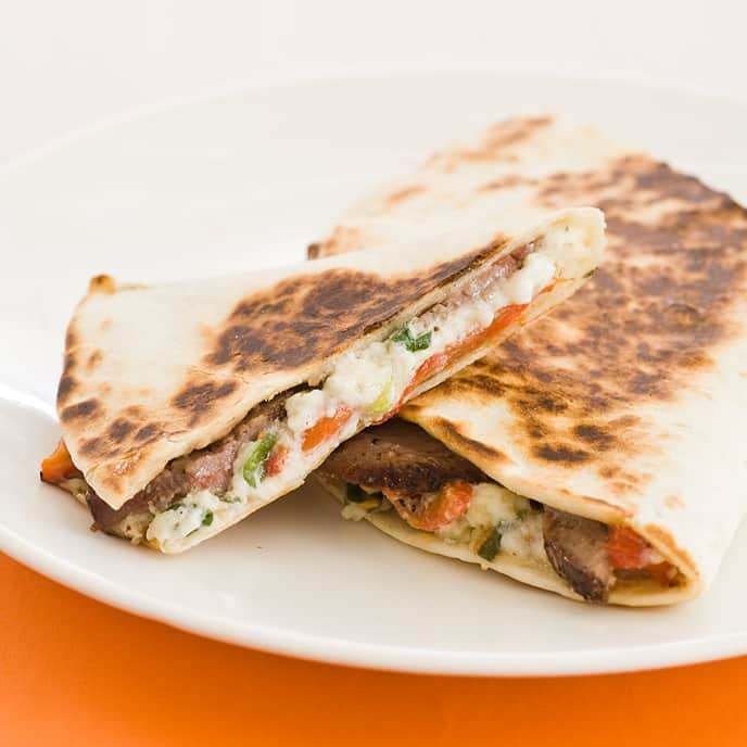 Steak Quesadillas with Roasted Peppers and Boursin