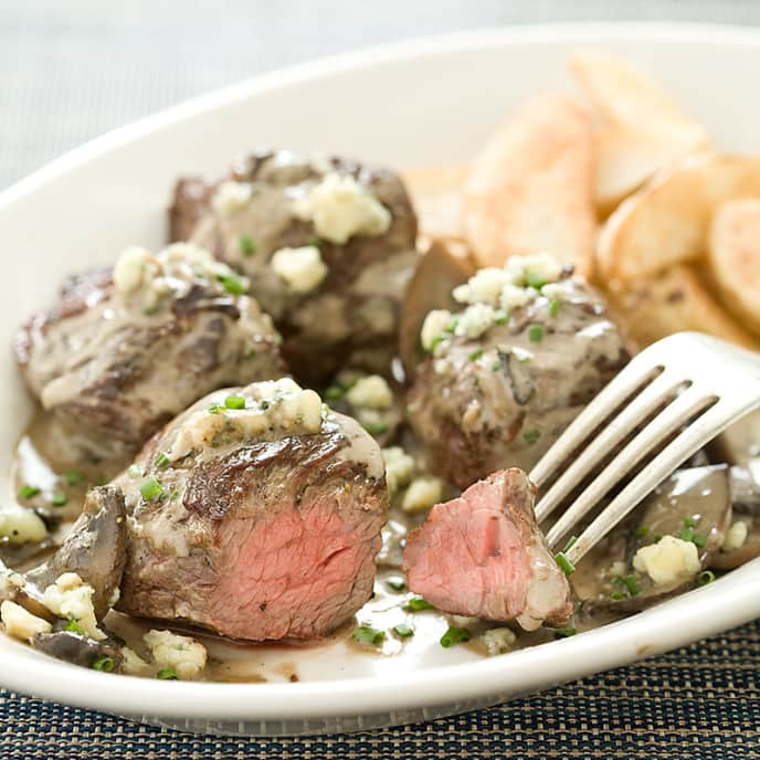 Steak Tips with Mushrooms and Blue Cheese