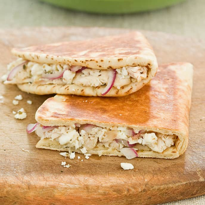 Roast Chicken Pita Panini with Cucumber-Olive Salad