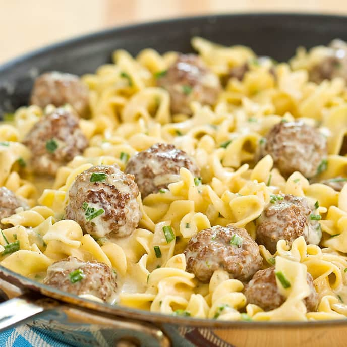 Skillet Meatballs and Noodles in Creamy Herb Sauce