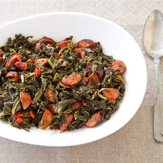 Braised Hearty Greens with Chorizo and Pimentos