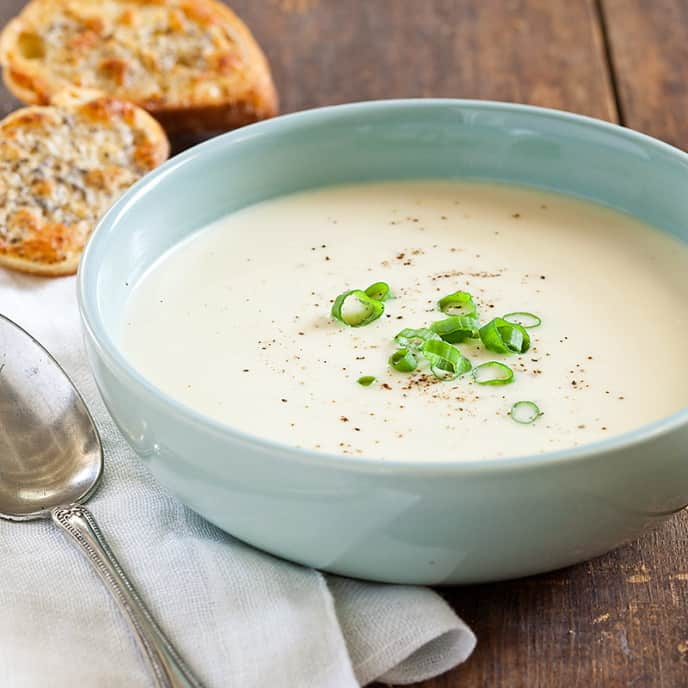 Garlicky Potato Soup with Parmesan Toasts