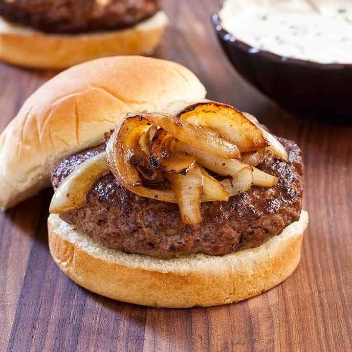 Skillet Burgers with Sautéed Onions and Horseradish Sauce