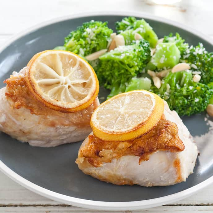 Roasted Lemon Chicken with Almond-Parmesan Broccoli