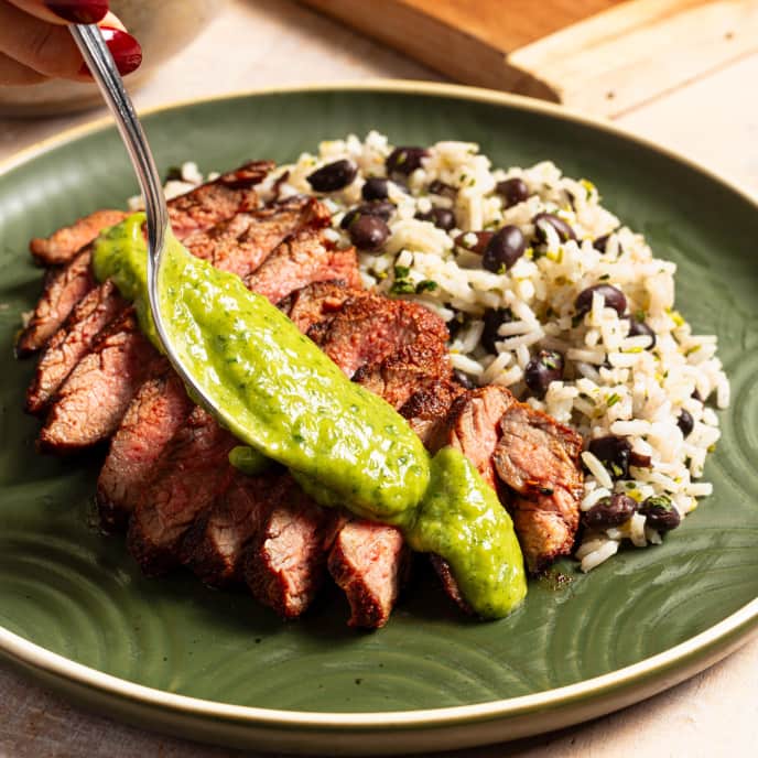 Ancho Rubbed Flank Steak and Cilantro Rice with Avocado Sauce