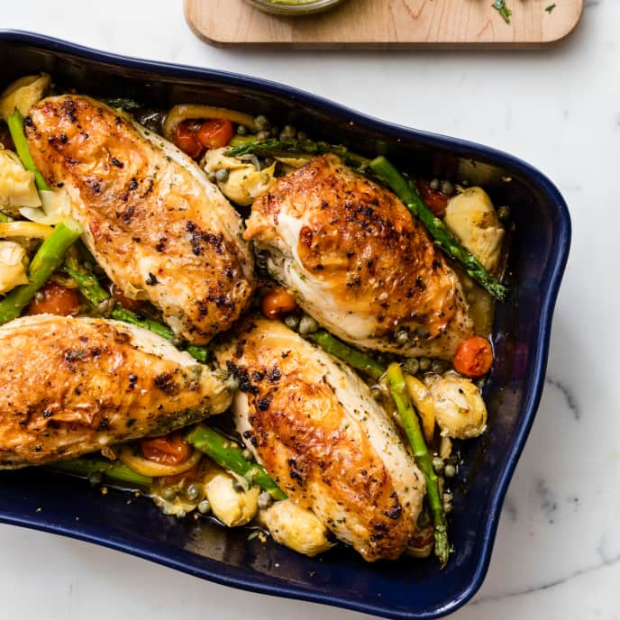 Make-Ahead Baked Chicken with Spring Vegetables, Capers, and Lemon