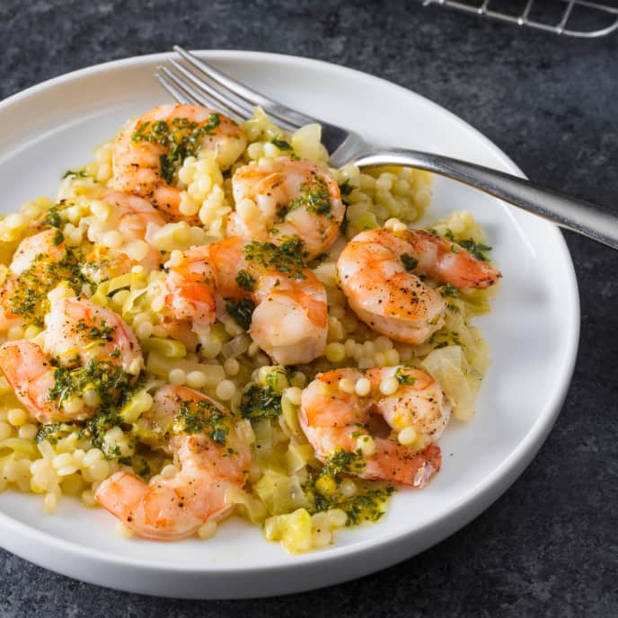 ToasterOven Baked Shrimp with Couscous, Leeks, and TarragonOrange