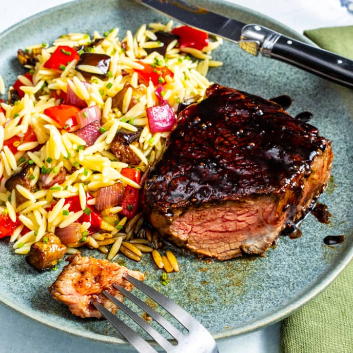 Balsamic-Glazed Steaks with Orzo Salad