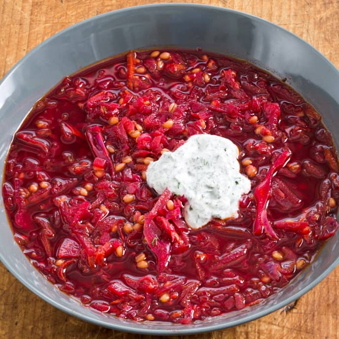 Beet and Wheat Berry Soup with Dill Cream America's Test Kitchen Recipe