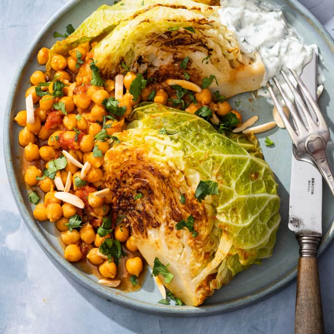 Instant Pot Braised Cabbage Wedges with Curry Powder and Chickpeas