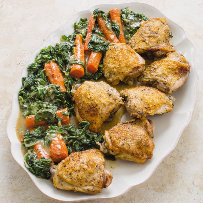 Cast Iron Braised Chicken Thighs with Swiss Chard and Carrots America