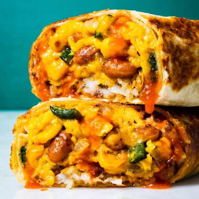 Breakfast Burritos with Poblano, Beans, Corn, and Crispy Potatoes