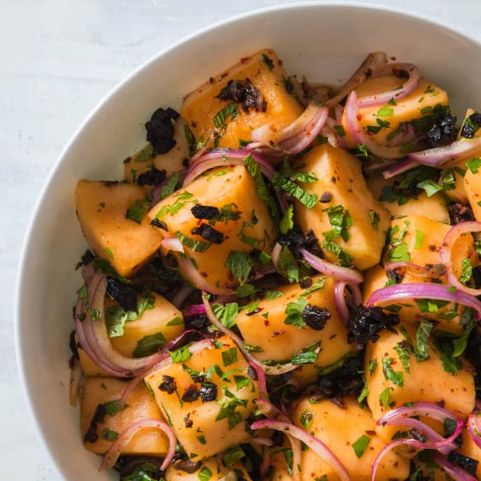 Cantaloupe Salad with Olives and Red Onion