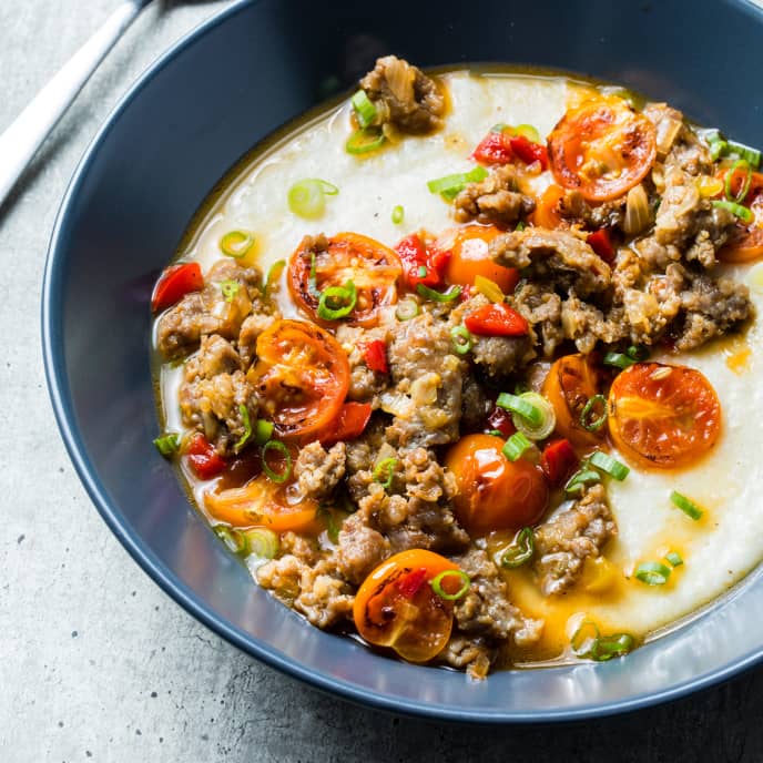 Spicy Italian Sausage with Cheddar Grits and Cherry Tomatoes Cook's Country Recipe