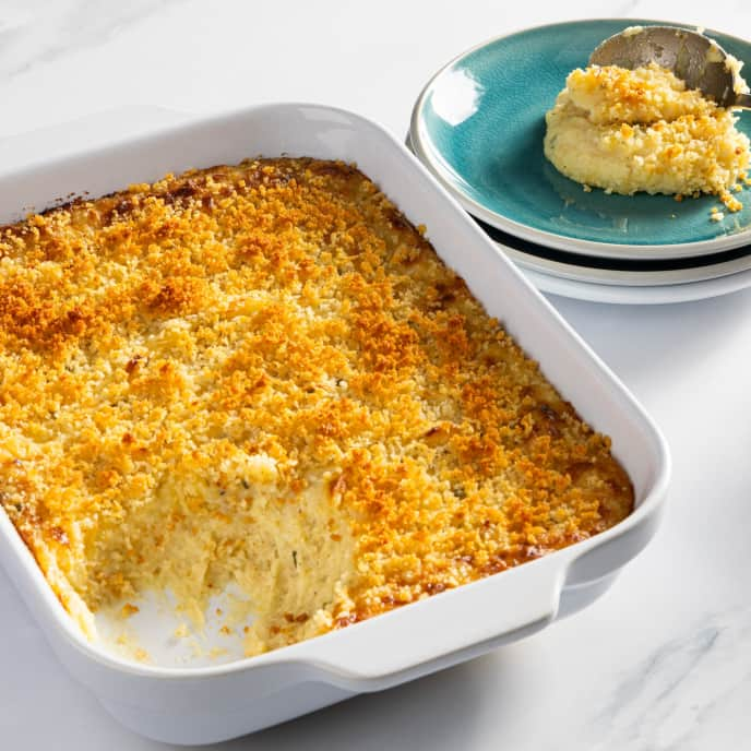 Cheesy Mashed Potato Casserole with Parmesan, Browned Butter, and Sage