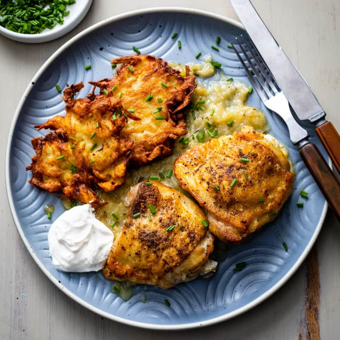 Chicken Thighs with Rosemary Applesauce and Latkes