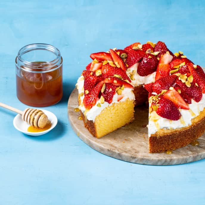 Cornmeal Cake with Cream Cheese Frosting and Strawberries