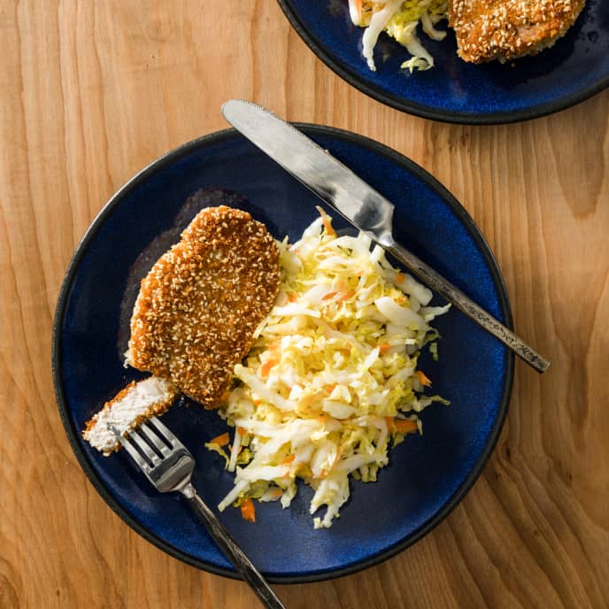 Crispy Sesame Pork Chops with Wilted Napa Cabbage Salad for Two