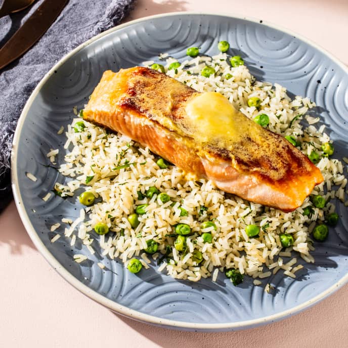 DijonButter Salmon with Herbed Rice And Peas America's Test Kitchen