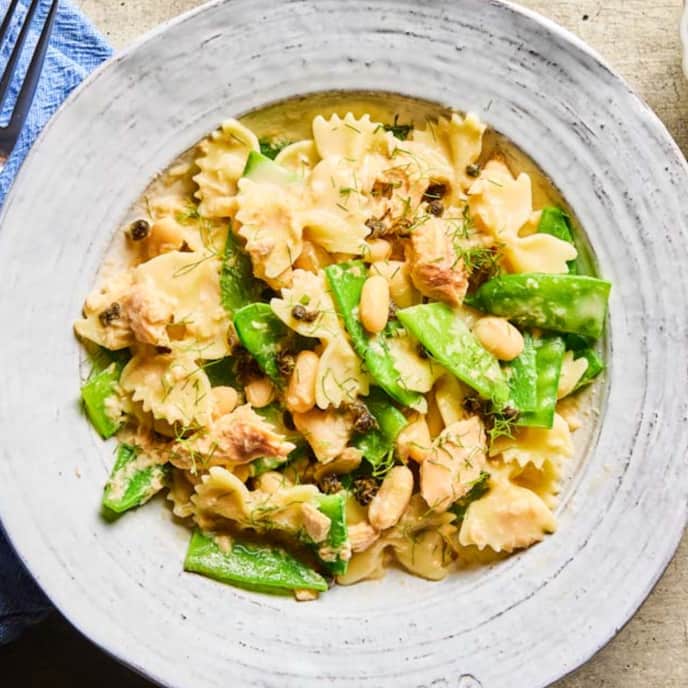 Farfalle and Cannellini Beans with Snow Peas, Salmon, Crispy Capers