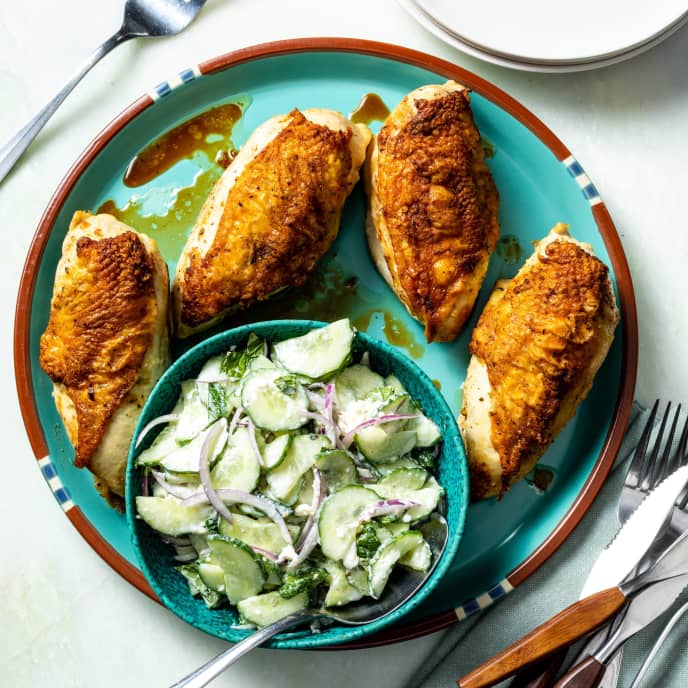 Garlic-Feta Chicken Breasts with Cucumber Salad