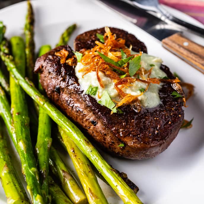 Filets Mignons and Asparagus with Blue Cheese and Shallot for Two
