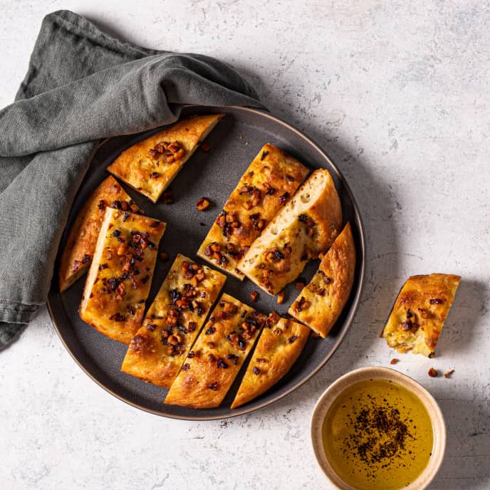 Focaccia with Caramelized Red Onion, Pancetta, and Oregano