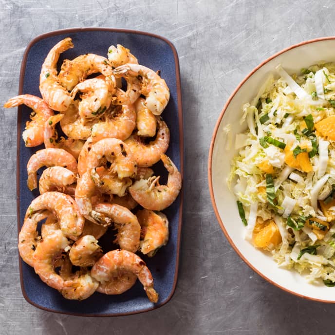 Garlicky Roasted Shrimp with Napa Cabbage and Orange Salad