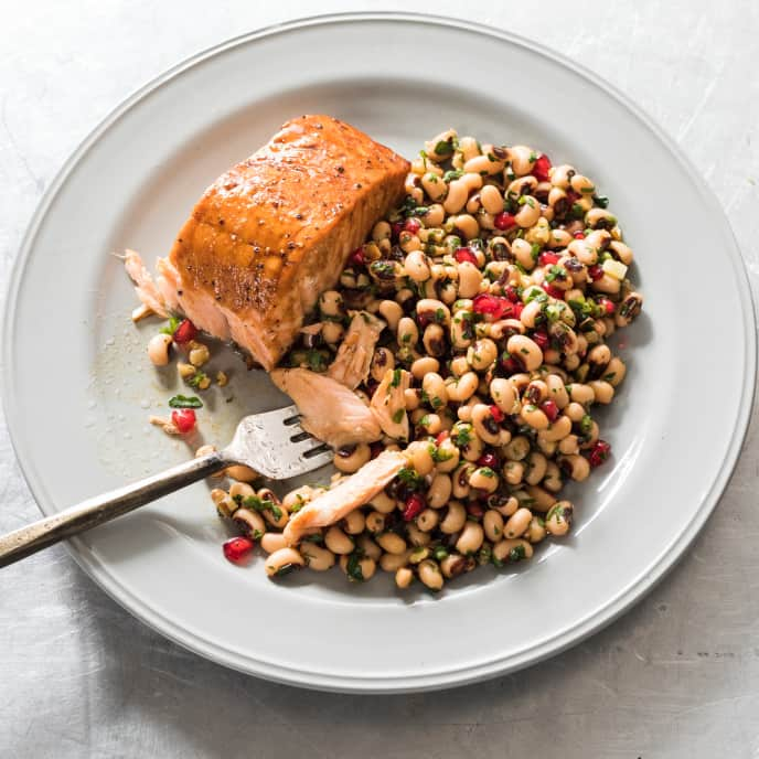 Glazed Salmon with Black-Eyed Peas, Walnuts, and Pomegranate