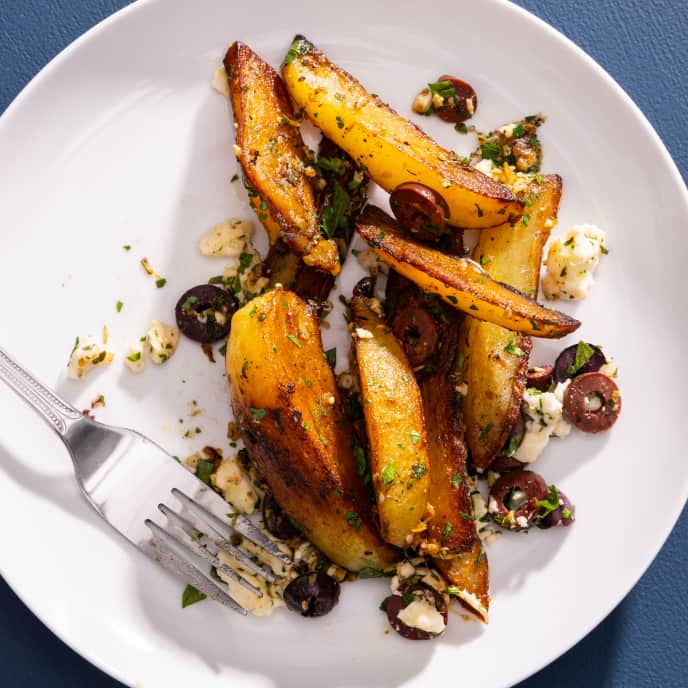GreekStyle GarlicLemon Potatoes with Olives and Feta America's Test Kitchen Recipe