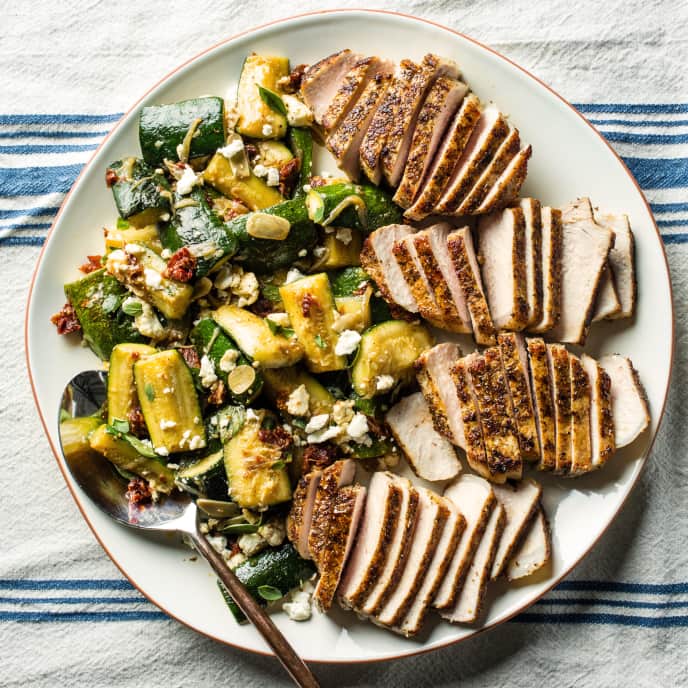 Greek Spiced Pork Chops With Warm Zucchini Feta Salad Cook S Country