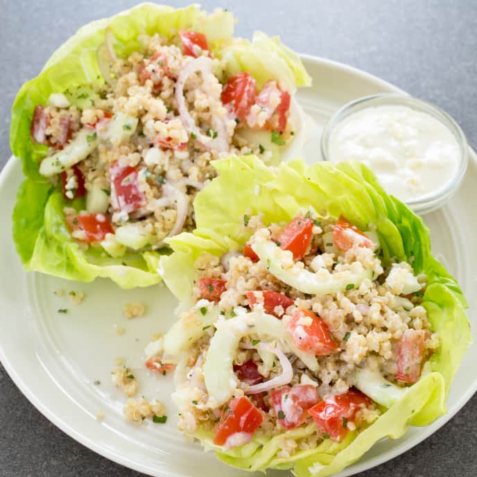 SlowCooker Greek Quinoa and Vegetable Lettuce Cups America's Test