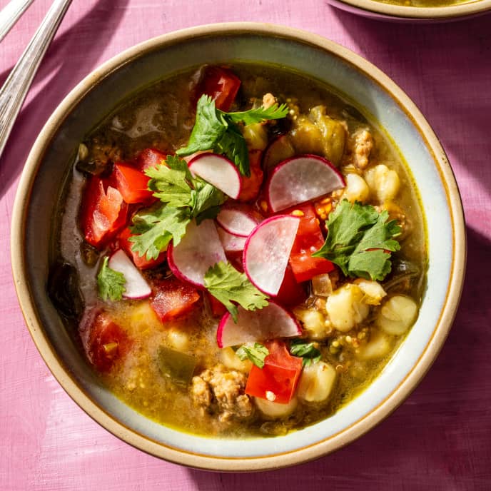 Green Chile Stew with Hominy and PlantBased Meat America's Test