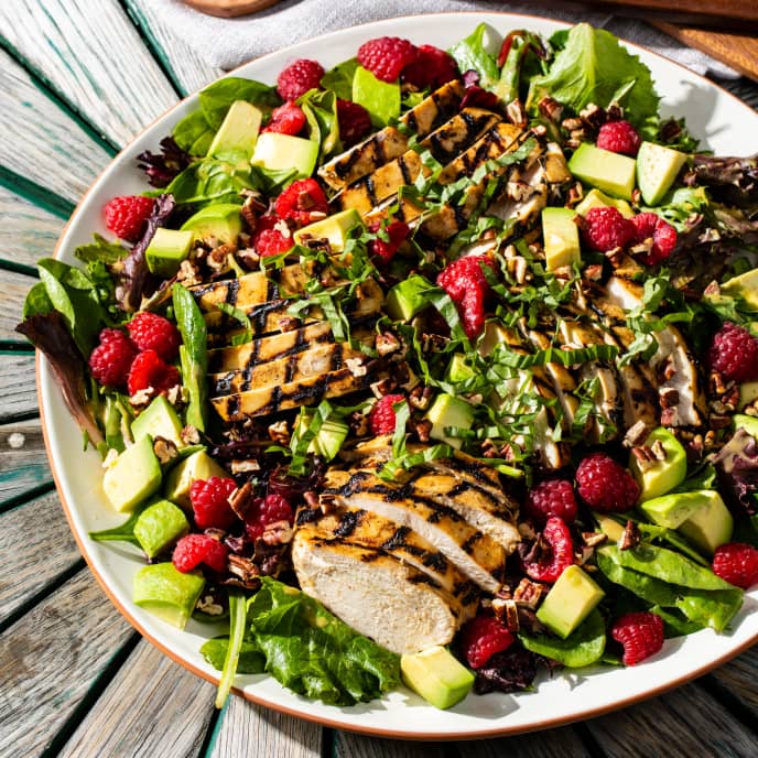 Grilled Dijon Chicken Salad with Raspberries and Avocado