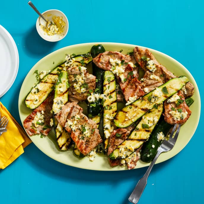 Grilled Pork Cutlets and Zucchini with Feta and Mint Compound Butter