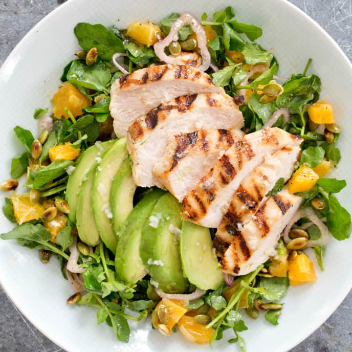 Grilled Tequila Chicken with Orange, Avocado, and Pepita Salad